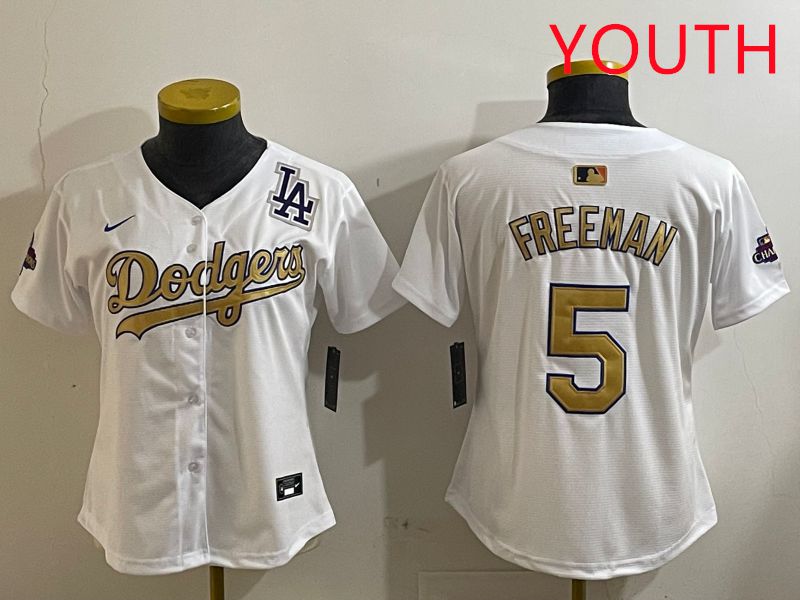 Youth Los Angeles Dodgers #5 Freeman White Champion gold character 2025 Nike MLB Jersey style 4126->youth mlb jersey->Youth Jersey
